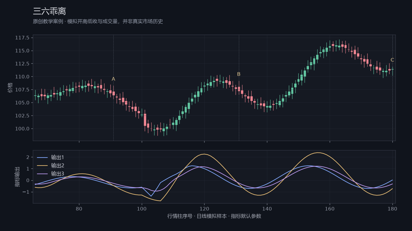 三六乖离原创模拟行情图，标出甲乙丙观察位置、价格与指标输出