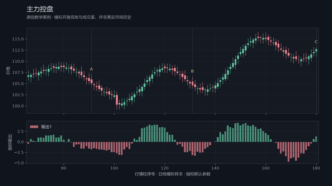 主力控盘原创模拟行情图，标出甲乙丙观察位置、价格与指标输出