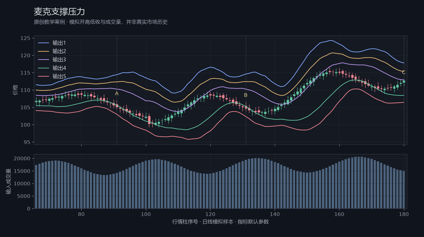 麦克支撑压力原创模拟行情图，标出甲乙丙观察位置、价格与指标输出
