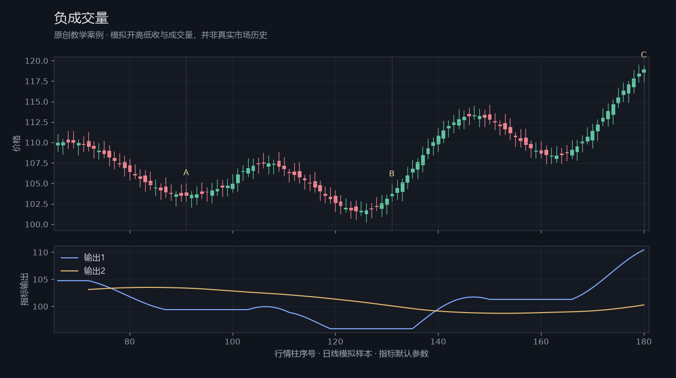 负成交量原创模拟行情图,标出甲乙丙观察位置、价格与指标输出