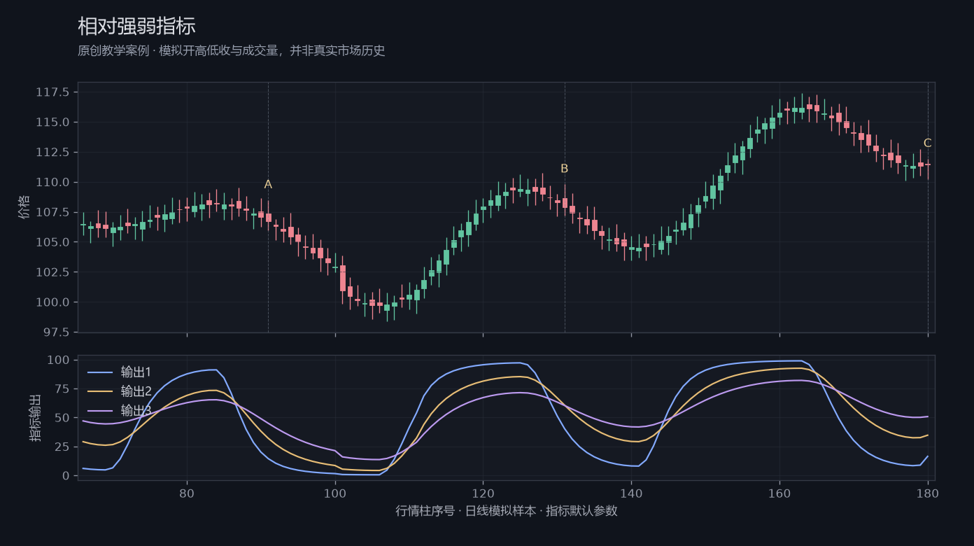 相对强弱指标原创模拟行情图,标出甲乙丙观察位置、价格与指标输出