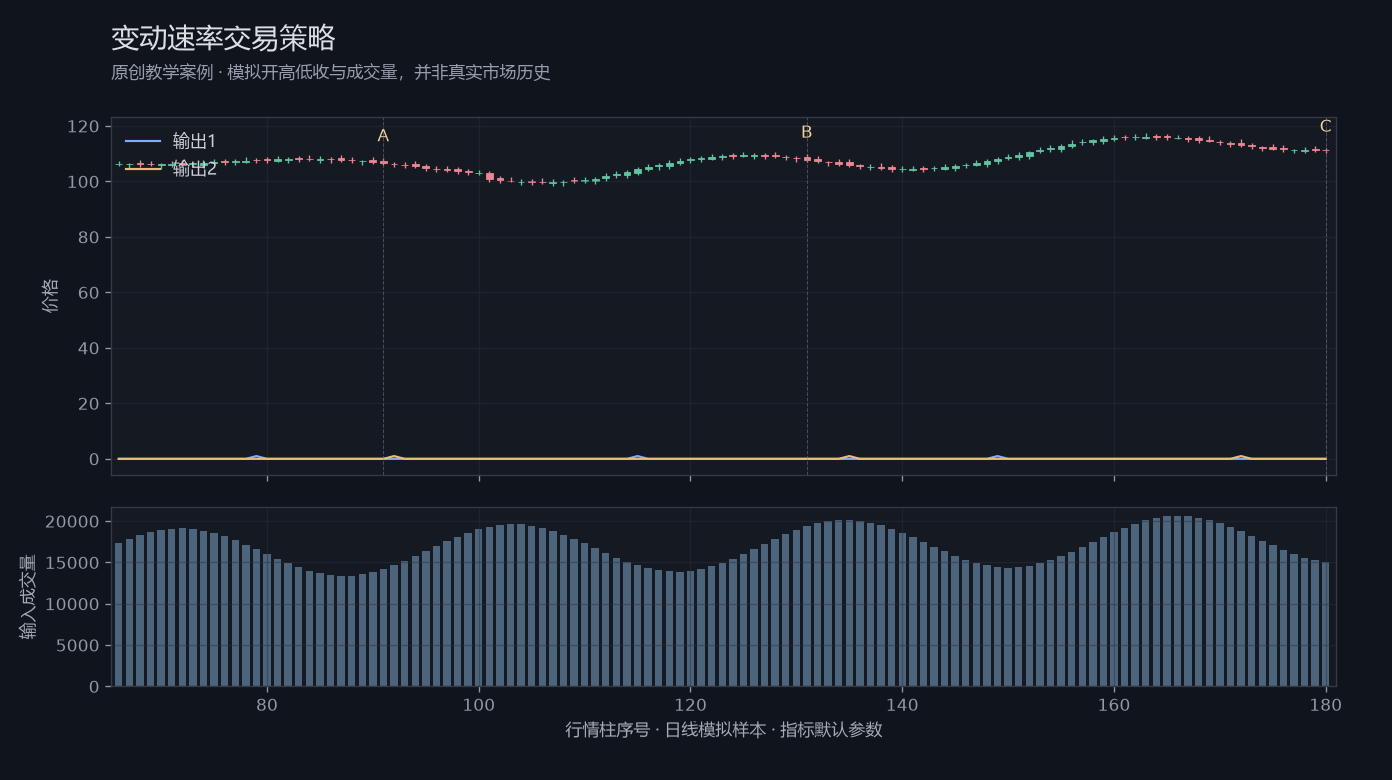 变动速率交易策略原创模拟行情图，标出甲乙丙观察位置、价格与指标输出