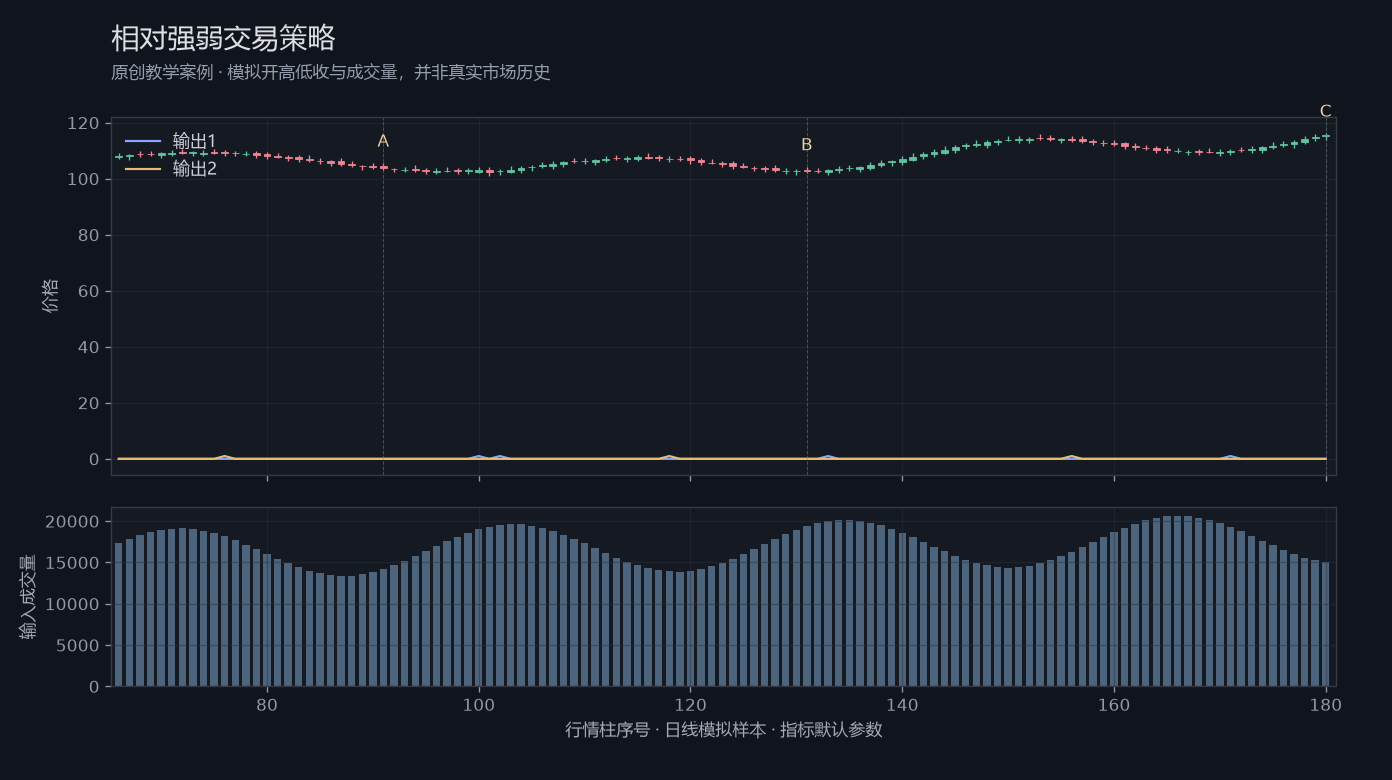 相对强弱交易策略原创模拟行情图，标出甲乙丙观察位置、价格与指标输出