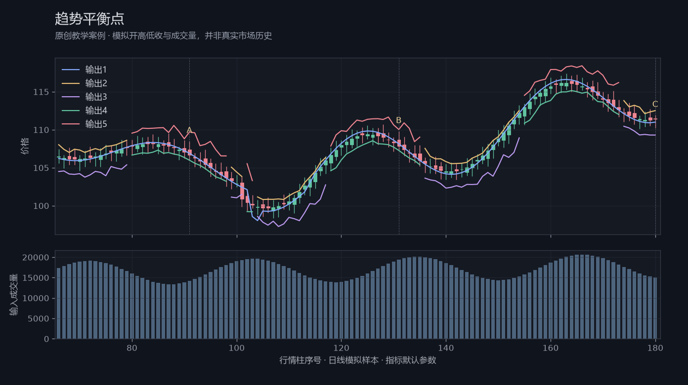 趋势平衡点原创模拟行情图,标出甲乙丙观察位置、价格与指标输出