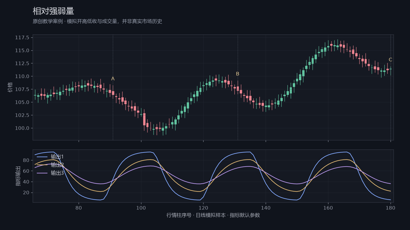 相对强弱量原创模拟行情图，标出甲乙丙观察位置、价格与指标输出