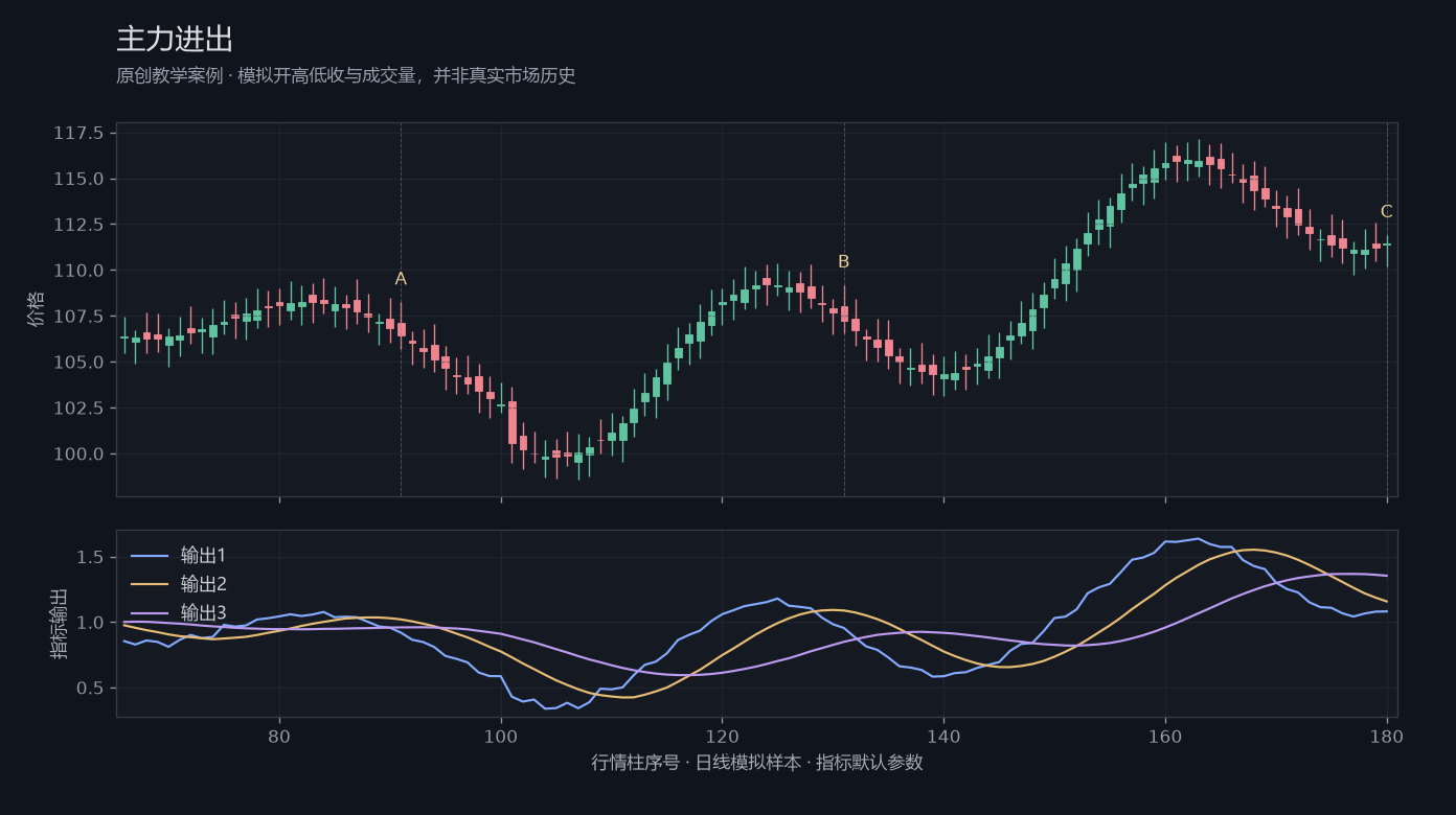 主力进出原创模拟行情图，标出甲乙丙观察位置、价格与指标输出